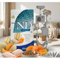 Produktbild von Farmina N&D Ocean Kitten Katzenfutter Kabeljau 1,5 kg glutenfrei und Kratzbaum Grau 206 cm mit Höhlen und Hängematte