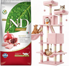 Farmina N&D Prime Katzenfutter Huhn für kastrierte Katzen Adult 5 kg und Kratzbaum Größe L in Pastellrosa mit 168 cm Höhe – Bild 1 von 1