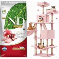 Produktbild von Farmina N&D Prime Katzenfutter Huhn für kastrierte Katzen Adult 5 kg und Kratzbaum Größe L in Pastellrosa mit 168 cm Höhe