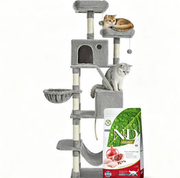 Farmina N&D Prime Katzenfutter Huhn getreidefrei 1,5 kg und großer Kratzbaum 206 cm in Grau mit Höhlen und Hängematte – Bild 1 von 1