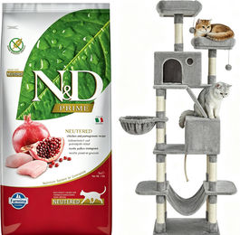 Farmina N&D Prime Katzenfutter Kastrierte Katze Huhn getreidefrei 5 kg und Kratzbaum Grau 206 cm mit Sisal – Bild 1 von 1