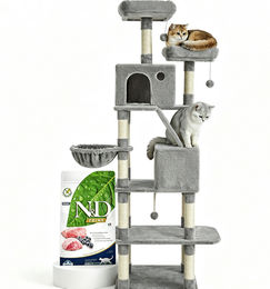 Farmina N&D Prime Katzenfutter Lamm getreidefrei 1,5 kg und großer Kratzbaum Grau aus Holzspanplatte, Plüsch und Sisal mit 206 cm Höhe – Bild 1 von 1