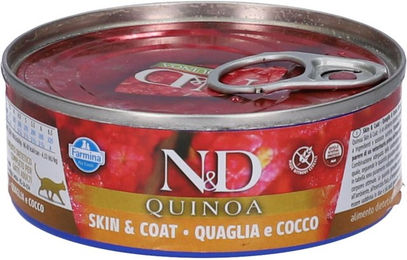 Farmina N&D Quinoa Skin & Coat Nassfutter für Katzen Adult Wachtel mit Bio-Zutaten 80g Dose – Bild 1 von 3