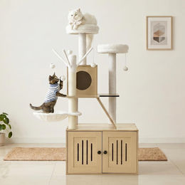 FCH Kratzbaum für Katzen mit Katzenklo Schrank, 135 cm hoch, mit Liegemulde und Kratzstämmen, Beige – Bild 1 von 1