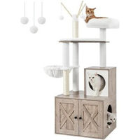 Produktbild von FEANDREA 2-in-1 Kratzbaum mit Katzenklo-Schrank aus Holz in Grau/Beige 140 cm