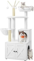 FEANDREA 2-in-1 Kratzbaum mit Katzenklo-Schrank und abnehmbaren Plüschbällen 140 cm weiß – Bild 1 von 8
