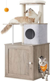 Feandrea 2-in-1 Kratzbaum und Katzentoilettenschrank in Greige mit Kuschelhöhle und 2 Kratzsäulen, 118 cm hoch – Bild 1 von 1