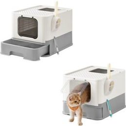 FEANDREA 2er Set Katzentoilette mit Deckel aus Kunststoff in Weiß und Grau – Bild 1 von 3