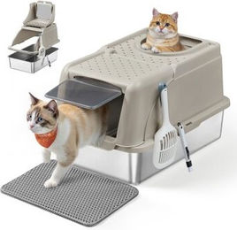 FEANDREA Edelstahl Katzentoilette XL Haubentoilette mit Deckel und 2 Eingängen Beige - 28 l – Bild 1 von 6