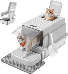 FEANDREA Haubentoilette für Katzen aus Edelstahl in Grau mit Deckel, Schaufel und Katzenstreumatte – Bild 1 von 8