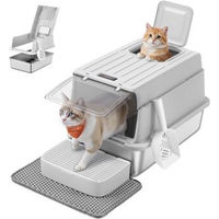 Produktbild von FEANDREA Haubentoilette für Katzen aus Edelstahl in Grau mit Deckel, Schaufel und Katzenstreumatte