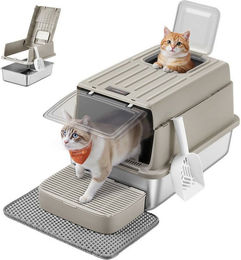 Feandrea Haubentoilette für Katzen aus Edelstahl mit Deckel und Schaufel in Braun – Bild 1 von 2