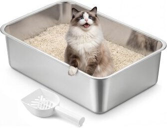 Feandrea Katzenklo aus Edelstahl offene Katzentoilette Silber – Bild 1 von 3