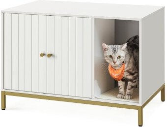 FEANDREA Katzenklo-Schrank mit Kratzmatte als Katzenhaus und Beistelltisch in Weiß-Gold aus Holz – Bild 1 von 13