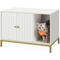 Produktbild von FEANDREA Katzenklo-Schrank mit Kratzmatte als Katzenhaus und Beistelltisch in Weiß-Gold aus Holz