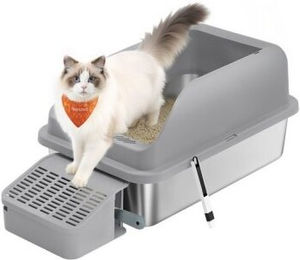 FEANDREA Katzentoilette aus Edelstahl in Grau mit hohen Seitenwänden inklusive Schaufel und Bürste – Bild 1 von 7