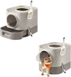 FEANDREA Katzentoilette Haubentoilette XL aus Kunststoff in Beige und Grau mit ausziehbarem Tablett – Bild 1 von 7