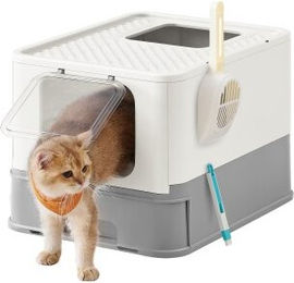 Feandrea Katzentoilette mit Deckel und ausziehbarem Tablett in Weiß/Grau Größe L – Bild 1 von 8