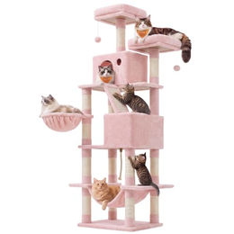 Feandrea Kratzbaum CLAWFY Kollektion XXL Katzenbaum in Pastellrosa mit 13 Kratzsäulen, 2 Plattformen, 2 Höhlen, Korb und Hängematte 203.5 cm hoch – Bild 1 von 1