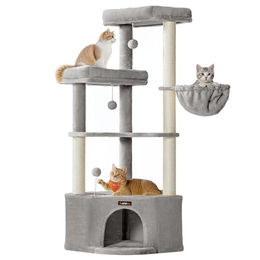 Feandrea Kratzbaum für Katzen mit großer Kuschelhöhle in Grau, 48,5 x 48,5 x 140,7 cm – Bild 1 von 2