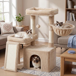 FEANDREA Kratzbaum für Katzen mit Katzenhöhle, Hängematte und Kratzbrett, Beige, 60 x 40 x 85,8 cm – Bild 1 von 3
