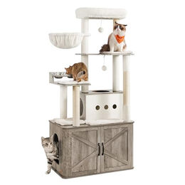 Feandrea Kratzbaum für Katzen mit Katzentoilettenschrank und Plüschkissen, 170 cm hoch, Grau – Bild 1 von 3