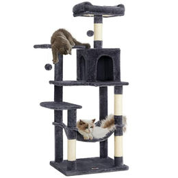 Feandrea Kratzbaum für Katzen in Grau mit Katzenhaus und Plüsch, 137,7 cm hoch – Bild 1 von 10