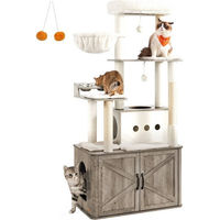 Produktbild von FEANDREA Kratzbaum für Katzen mit großer Höhle, erhöhten Fressnäpfen und Kratzstämmen aus Plüsch in Grau