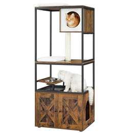 Feandrea Kratzbaum für Katzen mit Katzenhaus, Katzenklo-Schrank und erhöhtem Napfständer in Braun mit Sisalstamm und waschbaren Kissen – Bild 1 von 8