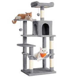 Feandrea Kratzbaum für Katzen mit Katzenhaus und Hängematte grau 137,7 cm hoch – Bild 1 von 2