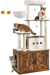 FEANDREA Kratzbaum für Katzen mit Katzenklo-Schrank, großer Höhle und erhöhten Fressnäpfen in Braun und Weiß – Bild 1 von 6