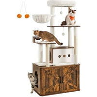 Produktbild von FEANDREA Kratzbaum für Katzen mit Katzenklo-Schrank, großer Höhle und erhöhten Fressnäpfen in Braun und Weiß