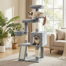 FEANDREA Kratzbaum für Katzen mit Rampe und 3 Plattformen, 136 cm, Grau – Bild 1 von 3