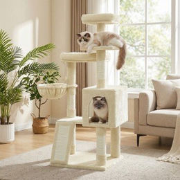 Feandrea Kratzbaum für Katzen mit Rampe und 3 Plattformen in Beige 136 cm – Bild 1 von 3