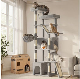 Feandrea Kratzbaum Jumbo für Katzen mit Sisalstämmen und Kratzbrett, mehrstöckiger Katzenturm in Grau, 55 x 45 x 185 cm – Bild 1 von 3