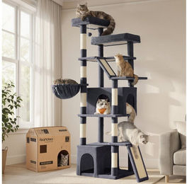 Feandrea Kratzbaum Jumbo für Katzen mit Sisalstämmen und Kratzbrett, mehrstöckiger Kletterbaum in Grau, 55 x 45 x 185 cm – Bild 1 von 4