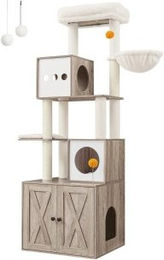 Feandrea Kratzbaum mit Katzenklo-Schrank 185cm in Grau mit Plüsch und waschbarem Kissen – Bild 1 von 3