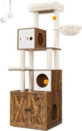 Feandrea Kratzbaum mit Katzenklo-Schrank und Kratzsäule 185cm in Braun und Weiß mit Plüsch und waschbarem Kissen – Bild 1 von 4