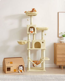 FEANDREA XXL Kratzbaum für Katzen 199 cm mit großer Höhle und Sisalstämmen in Grau Beige – Bild 1 von 5