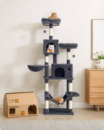 FEANDREA XXL Kratzbaum für Katzen 199cm mit großer Höhle und Plüsch in Grau und Beige – Bild 1 von 11