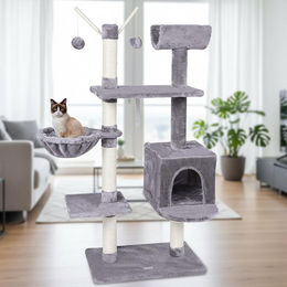 Feel2Home Kratzbaum für Katzen mit Höhle, Hängematte, drehbarem Liegetunnel und 3 Plattformen, 5 Ebenen, Grau, 57x35x131 cm – Bild 1 von 1