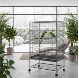 Feel2Home Vogelvoliere XXL Grau aus Metall für Papageien mit Sitzstangen, Futternapf, Vogeltränke und Schmutzwanneneinsatz – Bild 1 von 5