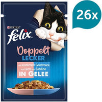 Produktbild von Felix Doppelt Lecker Katzenfutter Stückchen in Gelee mit Sardine und Lachs für erwachsene Katzen 26x85g