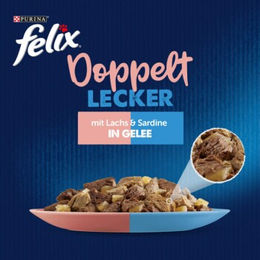 Felix Doppelt Lecker Nassfutter für kastrierte Katzen Adult Lachs und Sardine Stückchen in Gelee 52x85 g - 52 x 85 g – Bild 1 von 2