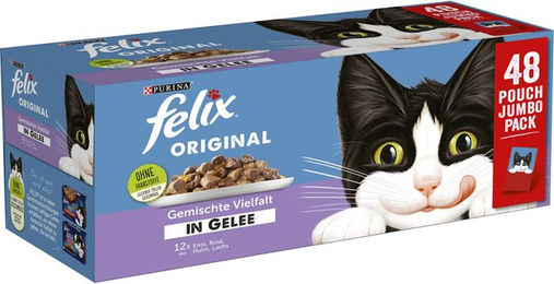 Produktbild von Felix Katzen Nassfutter Multipack mit Stückchen in Gelee Huhn Ente Lachs Rind Fisch für adulte Katzen 48 x 85 g
