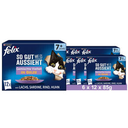 Felix Katzen-Nassfutter Senior Gemischte Vielfalt mit Huhn Rind Sardine und Lachs 6x85g - 72 x 85 g – Bild 1 von 10