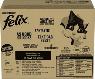 Felix Katzen Nassfutter So gut wie es aussieht Stückchen in Gelee Mix Huhn Rind Lachs Thunfisch Adult 120 x 85 g - 120 x 85 g – Bild 1 von 8