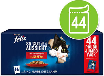 Produktbild von Felix Katzen Nassfutter Stückchen in Gelee Thunfisch Lachs Kabeljau 44 x 85 g für erwachsene Katzen ohne Farb- und Aromastoffe