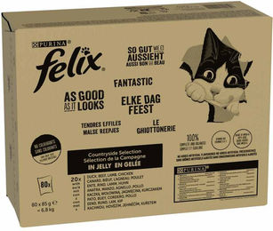 Produktbild von Felix Katzenfutter Adult Stückchen in Gelee Fleisch Mixpaket Rind Huhn Ente Lamm 80 x 85 g - 80 x 85 g