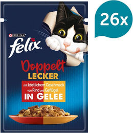 Produktbild von Felix Katzenfutter Doppelt Lecker Stückchen in Gelee mit Rind und Geflügel für erwachsene Katzen 26x85g